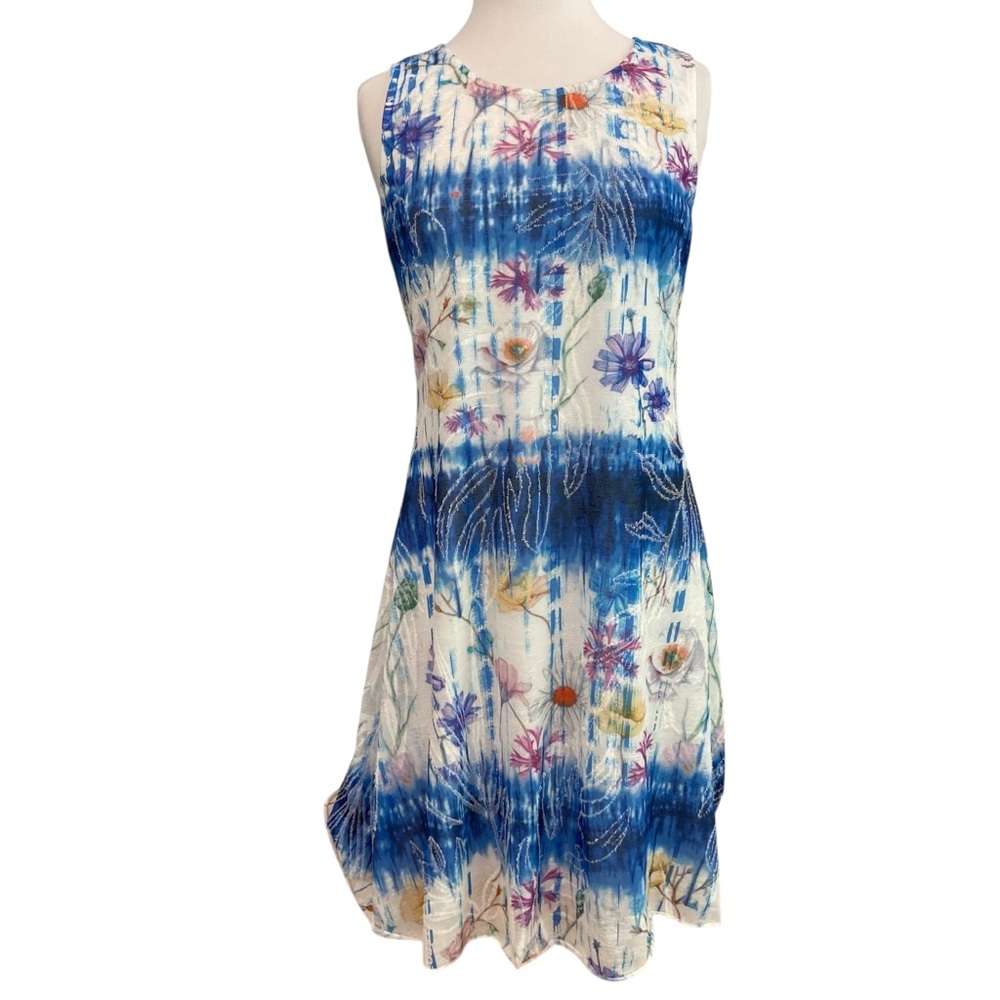 Alison Sheri  dress sleeveless white floral prints blue tie dye round medium